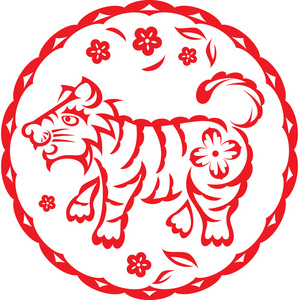 中国的虎年中国娃娃骑一匹马在剪纸风格钓鱼标志和标志复古矢量集有趣