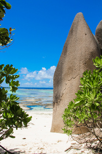 间大型光滑的石头，在塞舌尔群岛的异国情调礁湖
