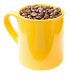 黄色咖啡杯的咖啡豆