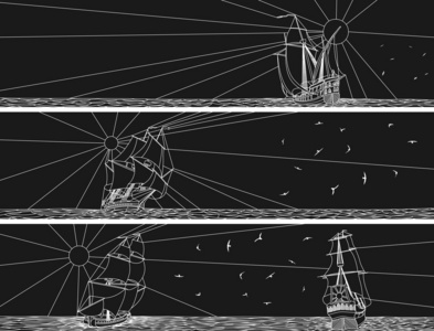 水平的横幅的帆船与鸟