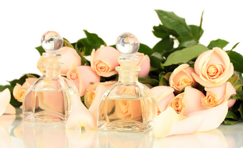束美丽的玫瑰和白色衬底上分离的香水