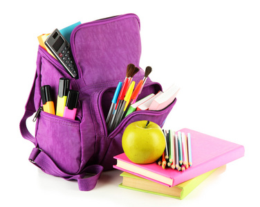 紫色背包和学校用品上白色孤立