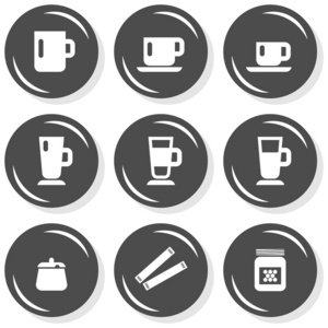 杯糖蜂蜜咖啡时间咖啡馆喝相关的按钮设置隔离上的白色背景
