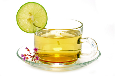 花茶混合蜂蜜和柠檬照片