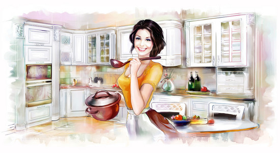 美丽的女人在厨房做饭图片