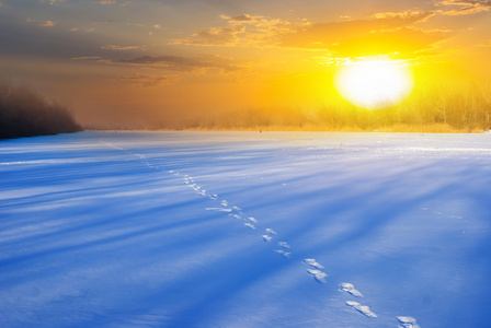 冬天大雪平原落日