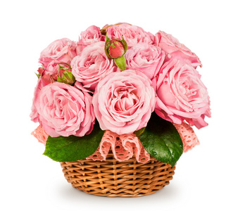 一篮子里的粉玫瑰花束图片