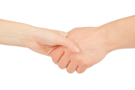 白色衬底上的两人，男人和女人握手，孤立