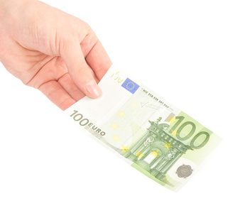 一只手中的钱欧元孤立在白色上