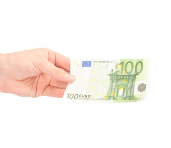 一只手中的钱欧元孤立在白色上