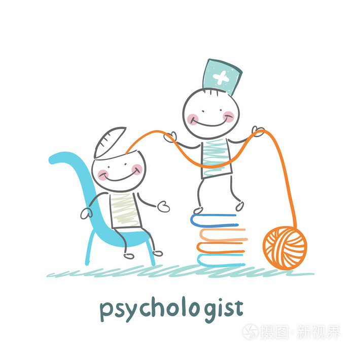 心理学家在一摞书和拉扯病人头部的线程