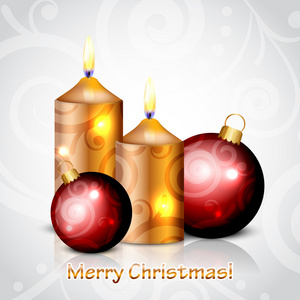 矢量用蜡烛和红色的小玩意的快乐圣诞节背景。