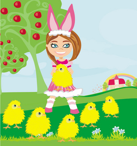 小兔子服装和甜甜的小雏鸡的女孩