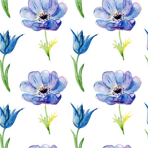 无缝壁纸的夏天蓝色鲜花，水彩插画