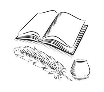 素描风格鹅毛笔和墨水池与书照片