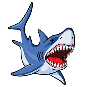 珊瑚礁与海洋动物鲨鱼卡通人物肌肉插图一条大虎鲨跃出水面,张着一张