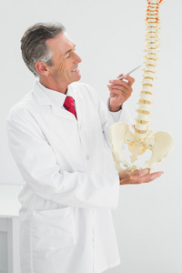 面带笑容的医生在办公室里抱着骨架模型