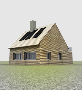 与几个在屋顶上的太阳能电池板的小木屋里