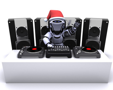 圣诞节机器人 dj 混合转盘上的记录