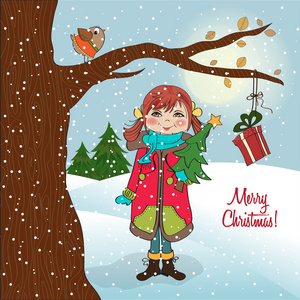 可爱 快乐年轻女孩与一棵圣诞树在他的怀里