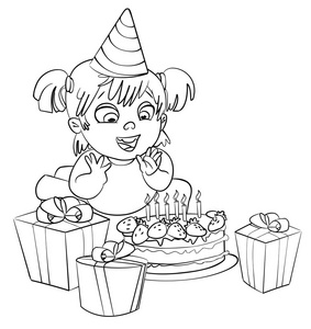 草莓帽子的婴儿小女孩开心庆祝她的生日.着色书照片