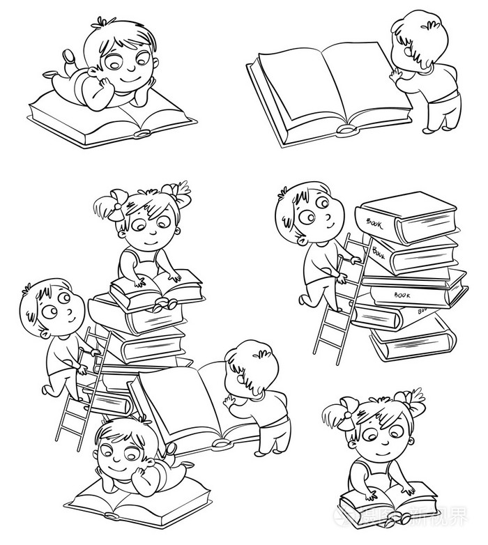 在图书馆看书的孩子.着色书插画-正版商用图片1ea9aa-摄图新视界