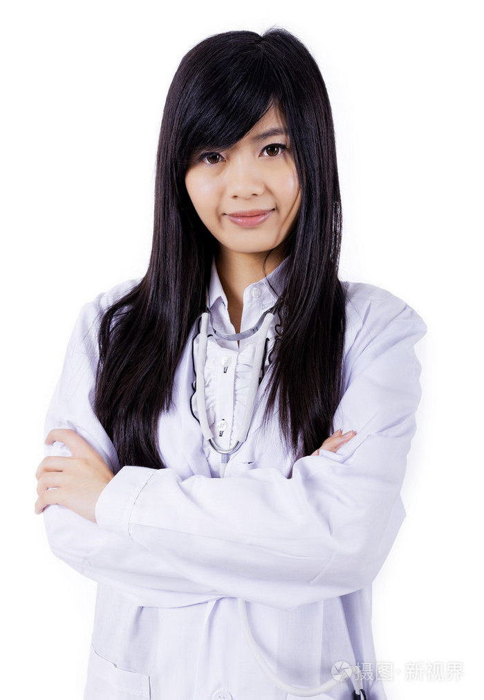 亚洲医学医生的女人,在白色背景上的特写肖像