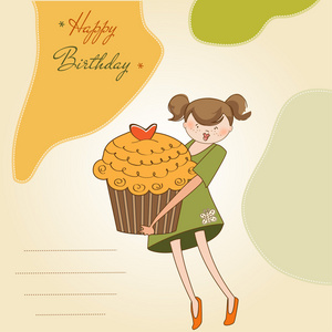祝你生日快乐卡与女孩和蛋糕