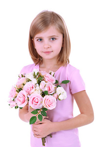 漂亮的小女孩抱着花束上白色孤立