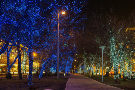 在老莫斯科的街道上，树上的夜光花环