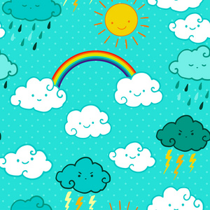 子级绘图样式彩虹和云无缝矢量模式