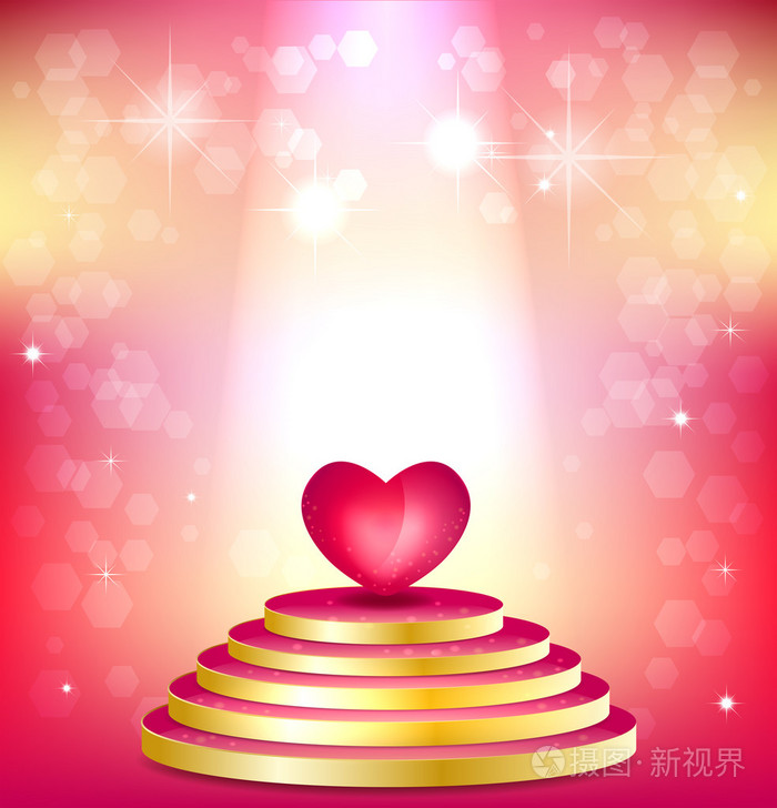 泛光灯照明的粉红色登上领奖台和心对闪烁背景