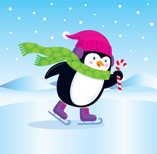 可爱的企鹅冰滑冰和拄着糖果拐杖