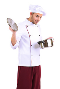 专业的厨师，在白色的制服和帽子，拿在他手中，孤立的白色衬底上的泛