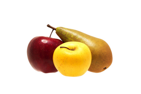 梨和两个苹果，红色和黄色