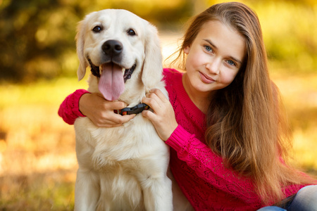 年轻的女孩坐在她的狗猎犬在秋天的场景中与地面上的肖像