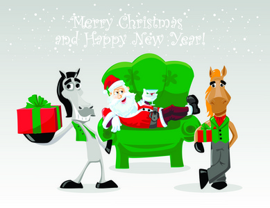 滑稽的马，带着礼物和圣诞老公公