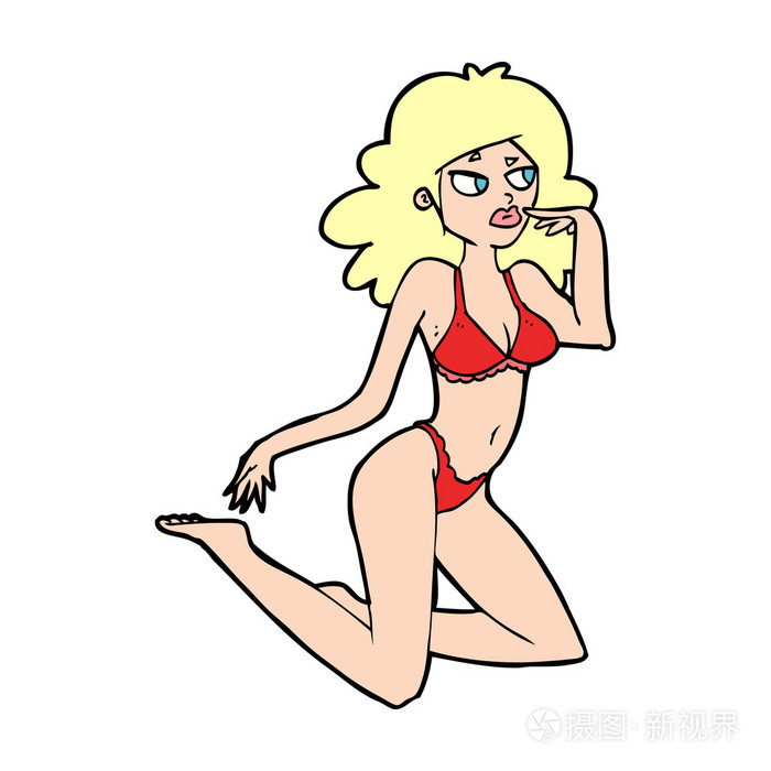 卡通女人内衣看起来在沉思中