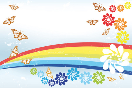 抽象的春天背景与彩虹 蝴蝶和幻想