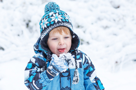 可爱的小孩男孩在冬季一天玩雪