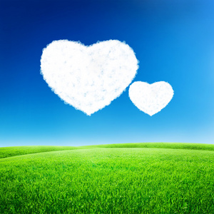 充满爱的天空绿色的原野上它的心形状的蓝色天空下.爱情观照片