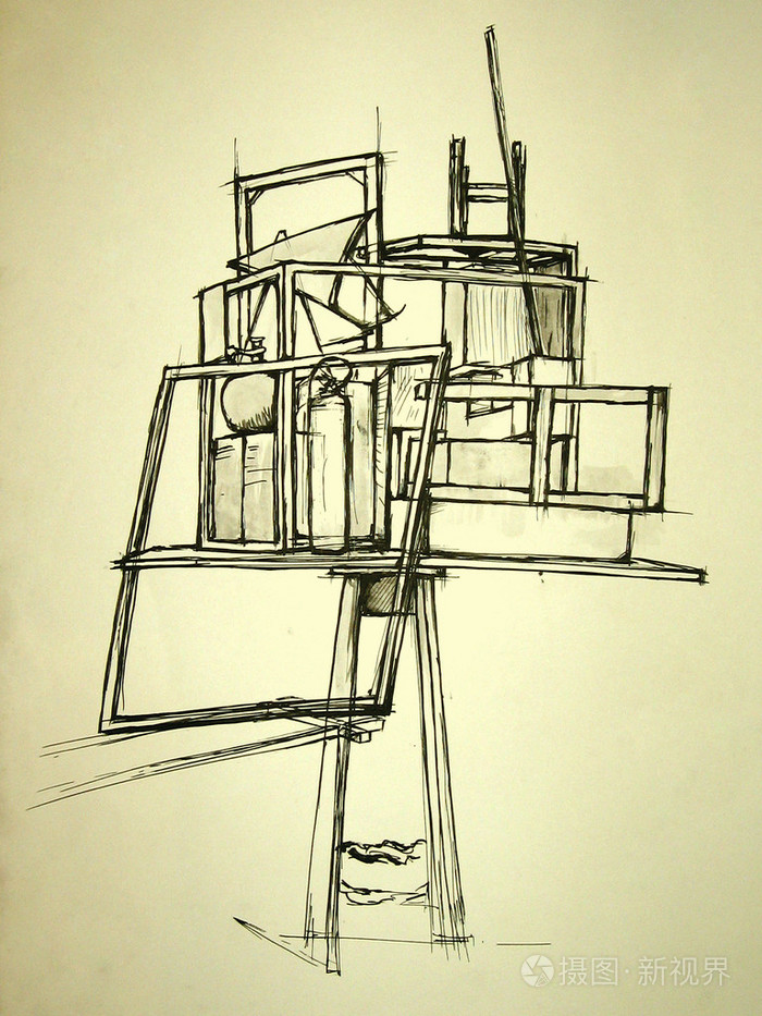 单色手绘的几何空间组成