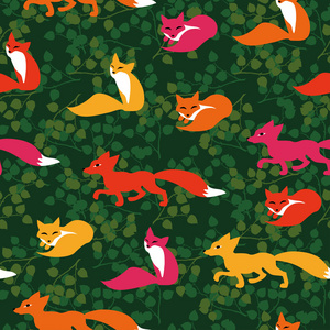 无缝模式用可爱的狐狸和树叶