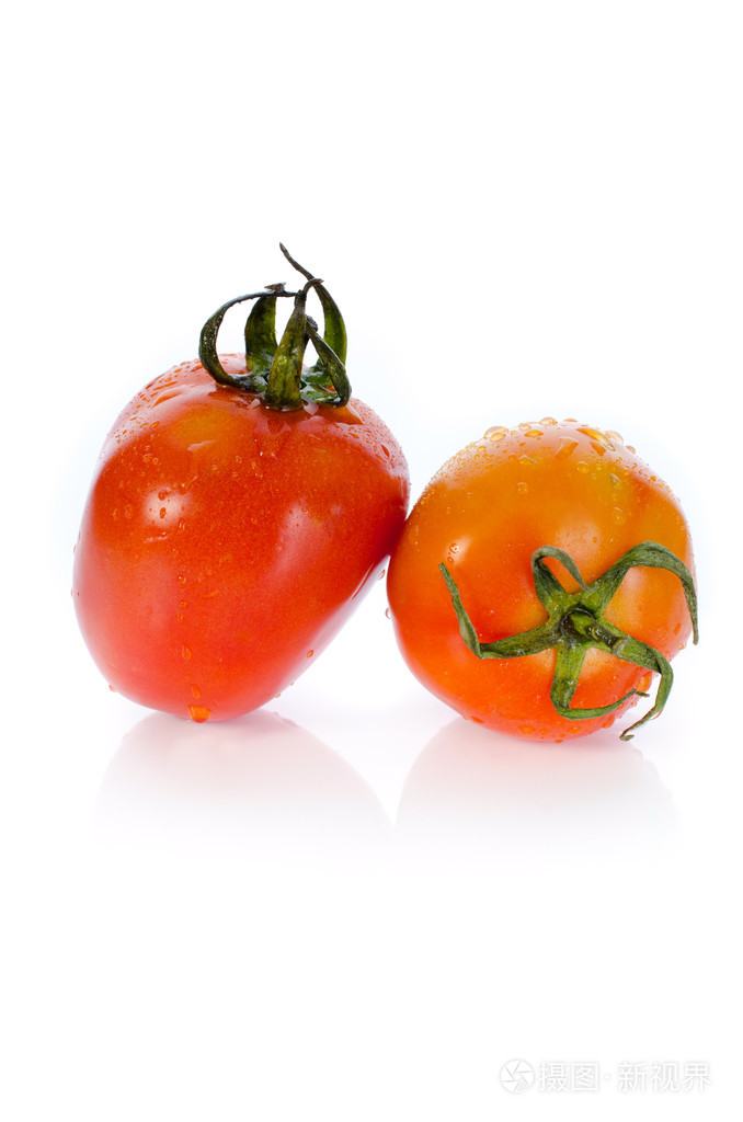 red tomato with water drop on white background .