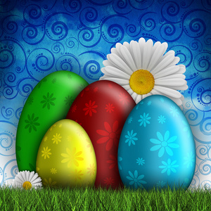 快乐的复活节贺卡彩蛋和春天的花朵
