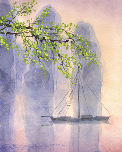 水彩风景。船在一个安静的海湾，在清晨的薄雾中