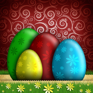 彩色的复活节蛋上红色带图案的背景
