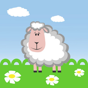 卡通绵羊在草地上.剪纸.矢量照片