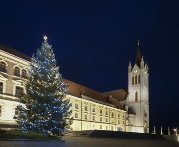 圣诞树和教堂塔倾斜图片