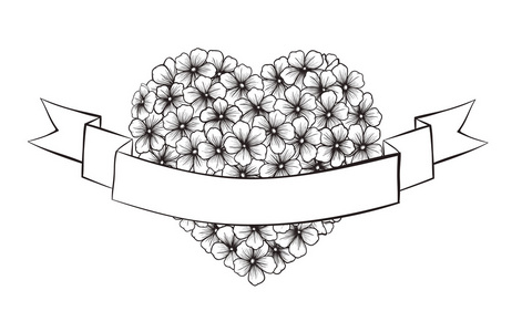 在一个心形的黑白轮廓花。用印刷问候节日丝带
